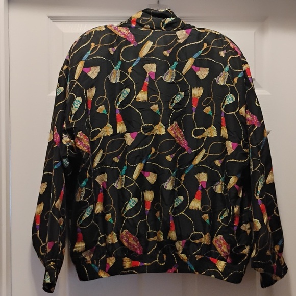 Vintage Rhoda Lynne Jacket Tassel Print Silk Full Zip Windbreaker 80s Size M - Picture 6 of 8